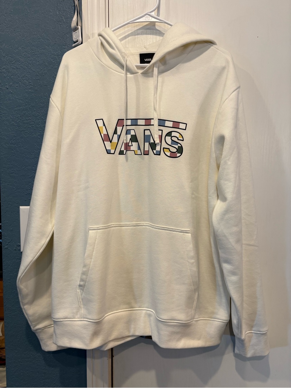 Vans Cream Pullover Hoodie with Multicolor Striped Logo